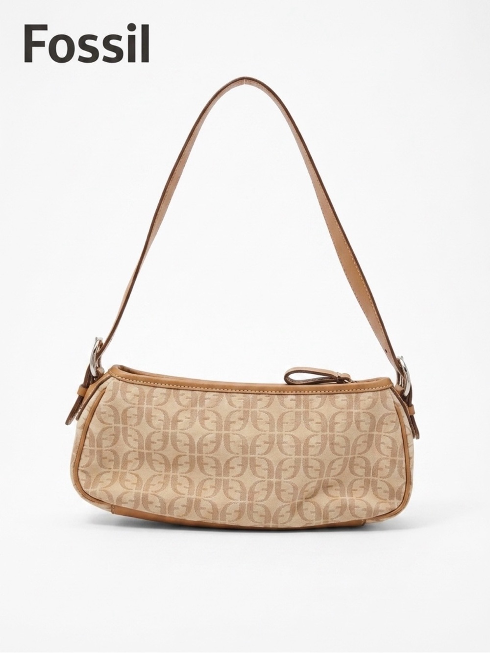 Fossil Beige Jacquard Shoulder Bag with Tan Trim Vintage Y2K Small